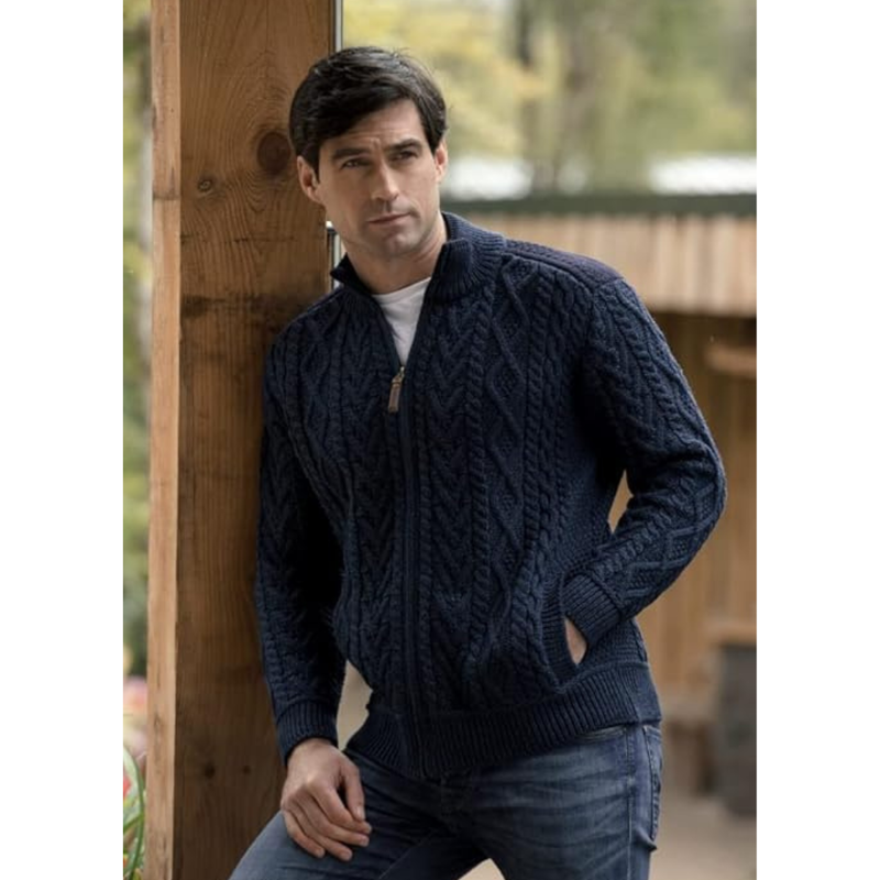 Men's Aran Full Zip and Patch Shoulder Detail Cardigan